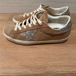 Golden Goose Tan and Silver Glitter Sneakers